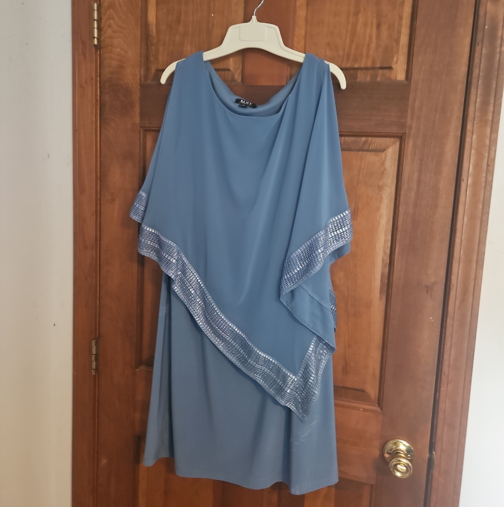 SLNY Dusty Blue Asymmetrical Layered Dress with Sequined Trim